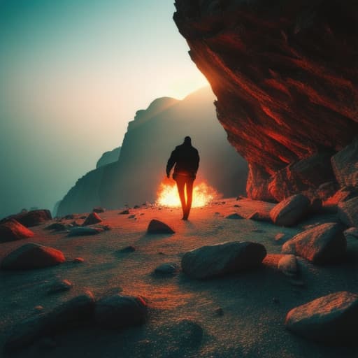  in the room of roks and top is of rock and fire on ground a man a shadow man showing up between fire the background is kind of red hyperrealistic, full body, detailed clothing, highly detailed, cinematic lighting, stunningly beautiful, intricate, sharp focus, f/1. 8, 85mm, (centered image composition), (professionally color graded), ((bright soft diffused light)), volumetric fog, trending on instagram, trending on tumblr, HDR 4K, 8K