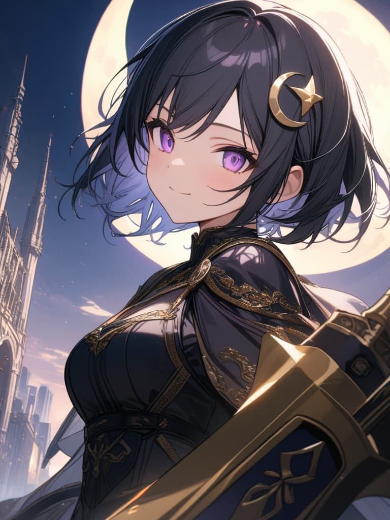  Holy sword,golden sword,burning city,smile,sword raised,golden light,Excalibur,cool girl,Black hair,(purple eyes),short,cropped hair,crescent moon hair ornament, masterpiece, best quality,8k,ultra detailed,high resolution,an extremely delicate and beautiful,hyper detail