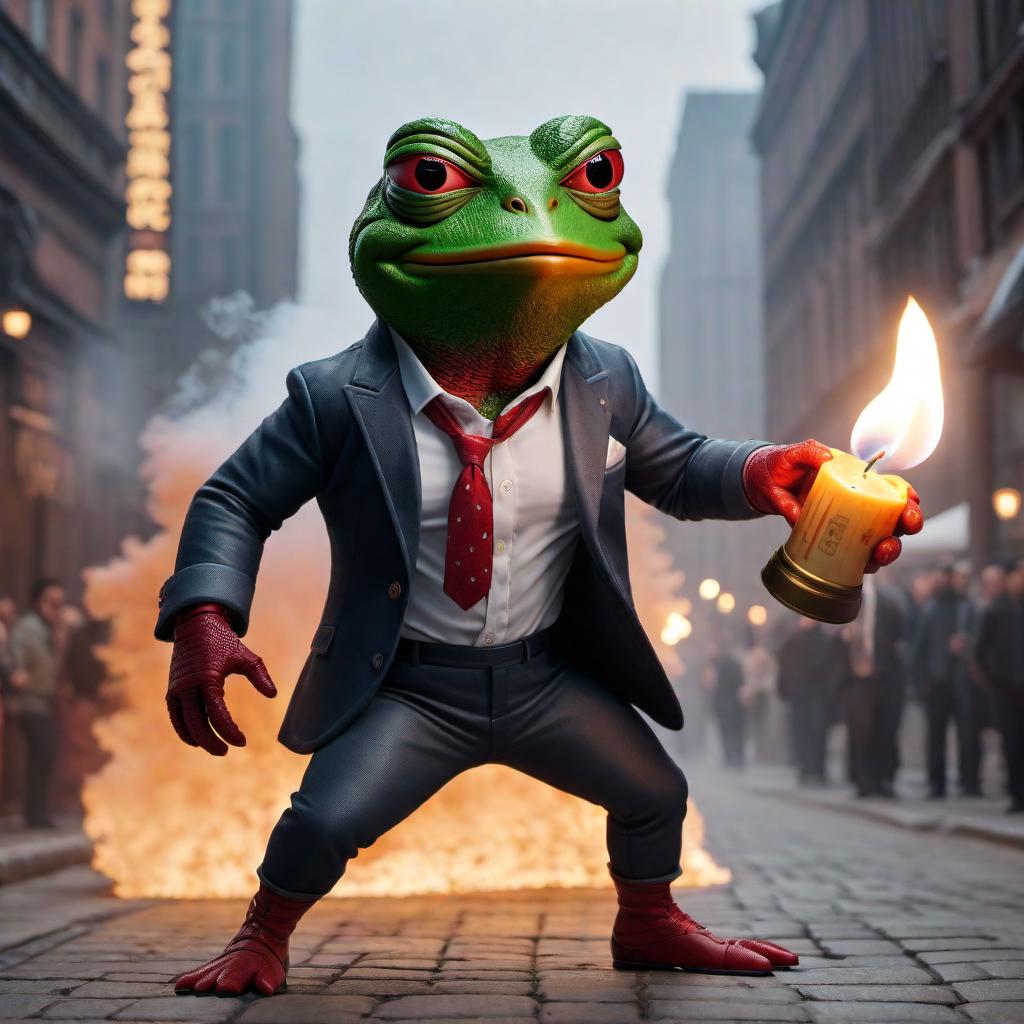  An animated image of a bullish Pepe meme engaging in a fight with a bearish candle, which is shredding the downside to pieces. The bullish Pepe should be portrayed as determined and strong, while the bearish candle should look fierce and destructive. The background should be dynamic, depicting a market setting with charts and graphs. The overall mood of the image should convey a sense of struggle and intensity. hyperrealistic, full body, detailed clothing, highly detailed, cinematic lighting, stunningly beautiful, intricate, sharp focus, f/1. 8, 85mm, (centered image composition), (professionally color graded), ((bright soft diffused light)), volumetric fog, trending on instagram, trending on tumblr, HDR 4K, 8K