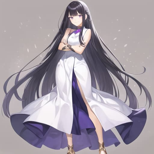  master piece , best quality,Full body portrait of a young , cute, , long straight black hair, purple eyes, long face, troubled smile, white dress Full body portrait