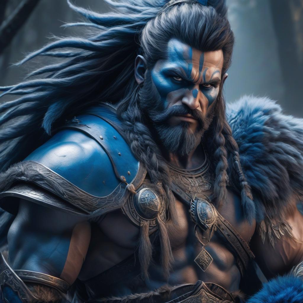  A large portrait of a fantasy blue warbarbarian Conon with a brutal Scandinavian face, no helmet, but with a torque on his hair. hyperrealistic, full body, detailed clothing, highly detailed, cinematic lighting, stunningly beautiful, intricate, sharp focus, f/1. 8, 85mm, (centered image composition), (professionally color graded), ((bright soft diffused light)), volumetric fog, trending on instagram, trending on tumblr, HDR 4K, 8K