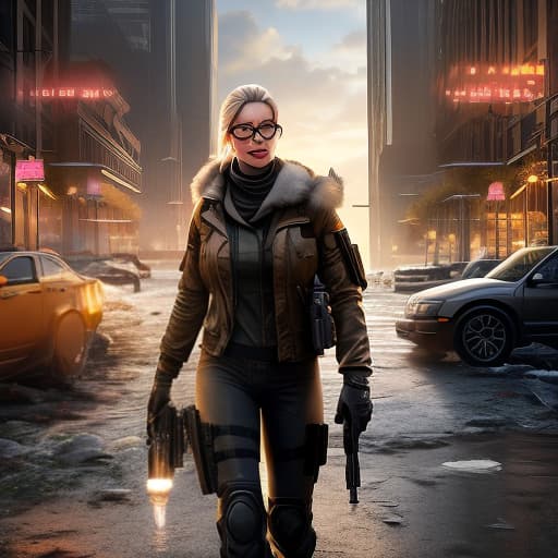  tom clancy's the division 2 blonde woman with glasses hyperrealistic, full body, detailed clothing, highly detailed, cinematic lighting, stunningly beautiful, intricate, sharp focus, f/1. 8, 85mm, (centered image composition), (professionally color graded), ((bright soft diffused light)), volumetric fog, trending on instagram, trending on tumblr, HDR 4K, 8K