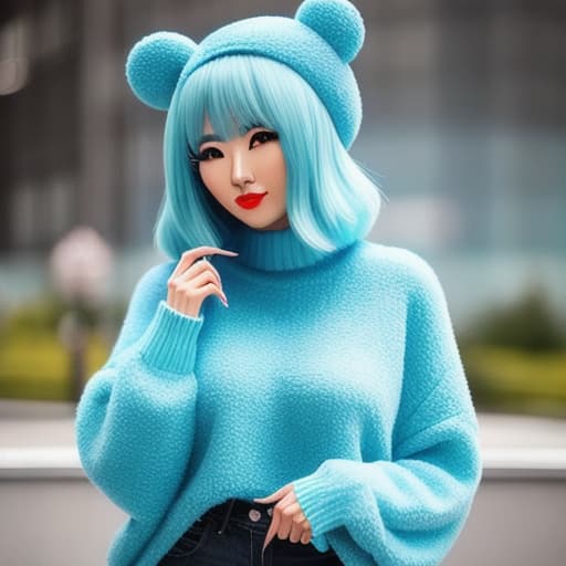  A girl with a cloud that replaces her head (three cyan eyes), wearing comfy blue sweater,kawaii pose. hyperrealistic, full body, detailed clothing, highly detailed, cinematic lighting, stunningly beautiful, intricate, sharp focus, f/1. 8, 85mm, (centered image composition), (professionally color graded), ((bright soft diffused light)), volumetric fog, trending on instagram, trending on tumblr, HDR 4K, 8K