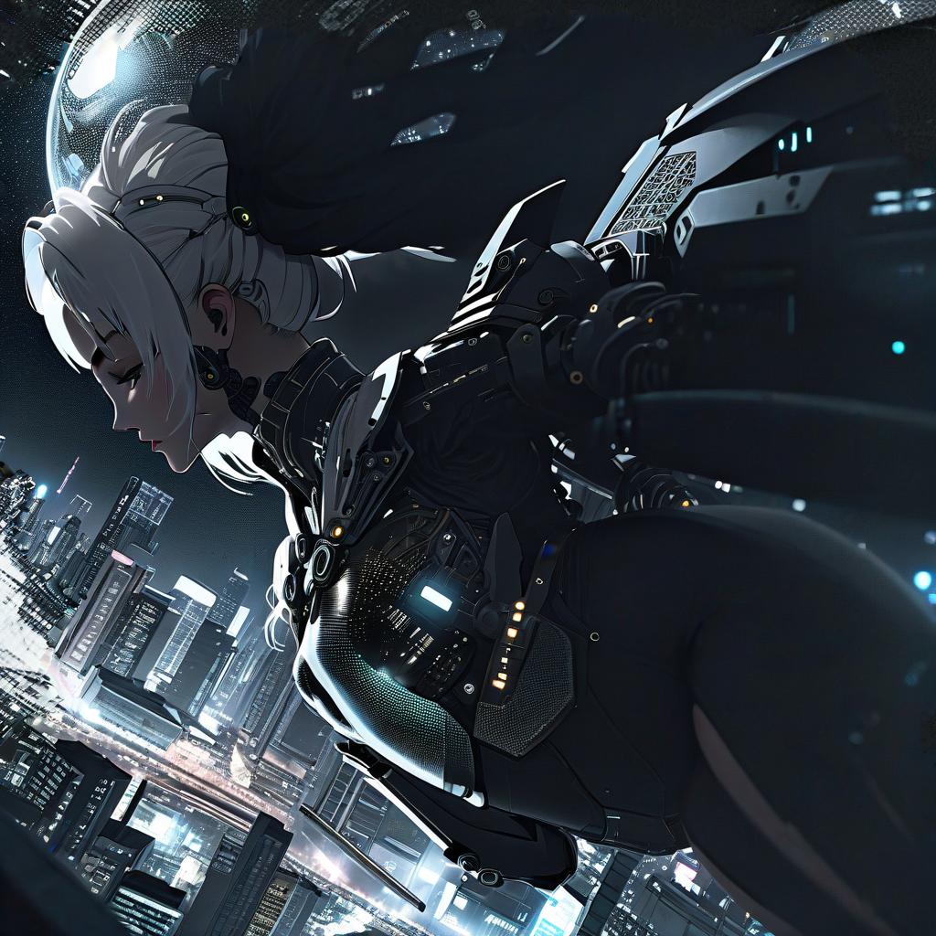  biomechanical cyberpunk A girl with white hair in black robot armor falls from the sky onto a large nighttime megapolis. . cybernetics, human machine fusion, dystopian, organic meets artificial, dark, intricate, highly detailed hyperrealistic, full body, detailed clothing, highly detailed, cinematic lighting, stunningly beautiful, intricate, sharp focus, f/1. 8, 85mm, (centered image composition), (professionally color graded), ((bright soft diffused light)), volumetric fog, trending on instagram, trending on tumblr, HDR 4K, 8K