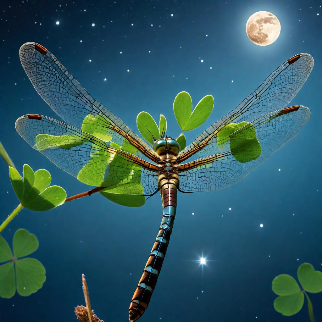  A lower, worm's-eye view looking up at a close-up of a dragonfly flying upwards from a four-leaf clover at the edge of a pond. The pond reflects both the dragonfly and the full moon. The background features a blue night sky with a full moon in view and stars lightly scattered around. The image captures the details of the dragonfly, the four-leaf clover, the pond, the reflections of the dragonfly and the moon, and the serene beauty of the night sky. hyperrealistic, full body, detailed clothing, highly detailed, cinematic lighting, stunningly beautiful, intricate, sharp focus, f/1. 8, 85mm, (centered image composition), (professionally color graded), ((bright soft diffused light)), volumetric fog, trending on instagram, trending on tumblr, HDR 4K, 8K