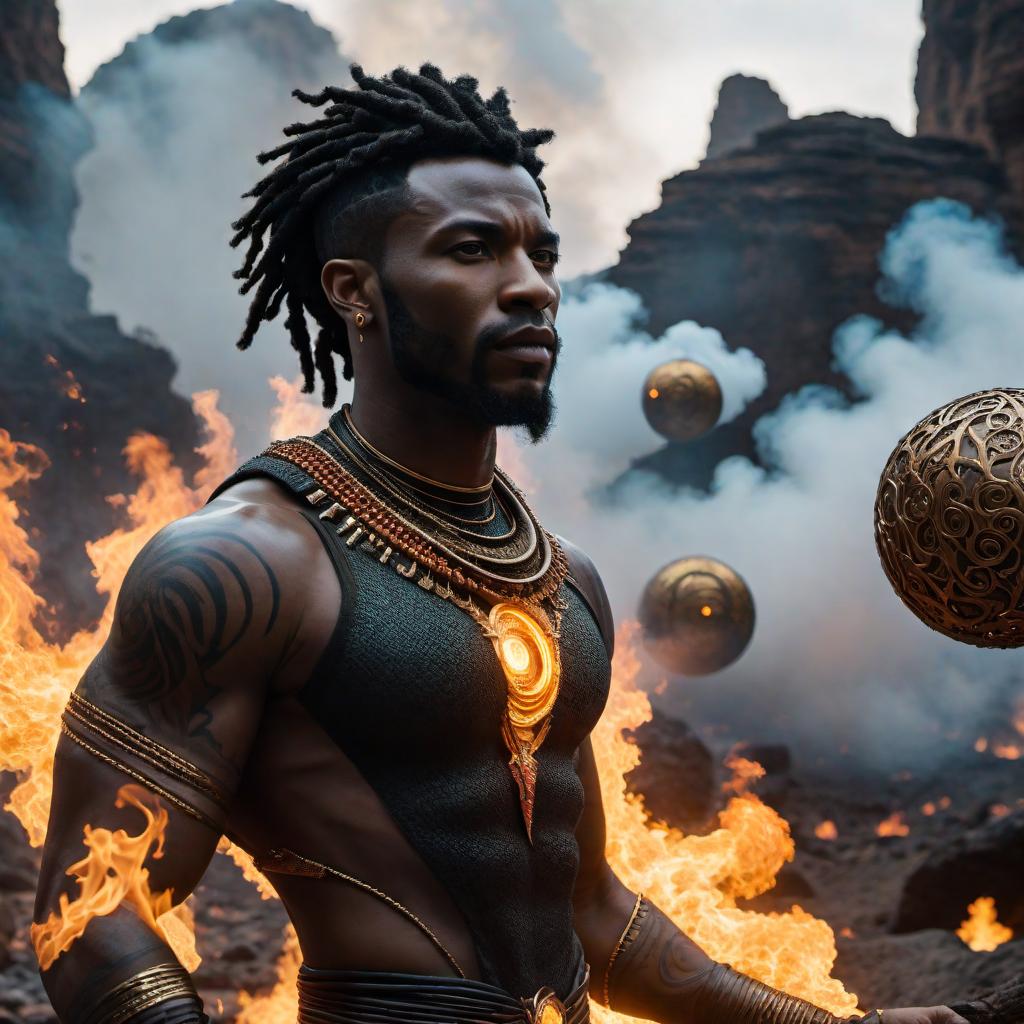  A black avatar with earth as the main element, bending all elements. Fire is coming out of his mouth in the avatar state, with his eyes and short dreadlocks glowing. He is surrounded by a sphere of air. hyperrealistic, full body, detailed clothing, highly detailed, cinematic lighting, stunningly beautiful, intricate, sharp focus, f/1. 8, 85mm, (centered image composition), (professionally color graded), ((bright soft diffused light)), volumetric fog, trending on instagram, trending on tumblr, HDR 4K, 8K