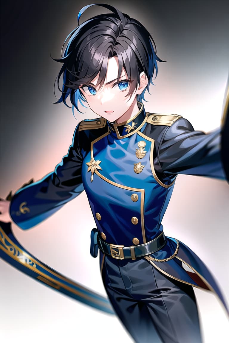  master piece , best quality,Short black hair and blue eyes in combat uniform ^ ^Young man