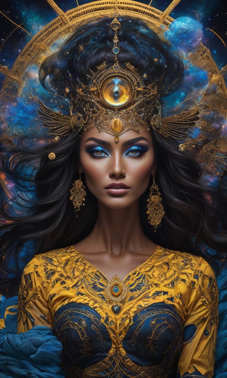  (psychedelic art, high detail, fantasy art: 1.3), close up of a beautiful woman's mesmerizing face, brightly glowing eyes with spinning colors, stunning combination of black, blue and yellow hues, intricate patterns and patterns, space background with galaxies and stars, ethereal and a mystical atmosphere, otherworldly beauty, intricate celestial patterns, cosmic energy emanating from the eyes, a mesmerizing and captivating gaze, transcendental and surreal, a vibrant and dynamic composition, a close up that captures every intricate detail. hyperrealistic, full body, detailed clothing, highly detailed, cinematic lighting, stunningly beautiful, intricate, sharp focus, f/1. 8, 85mm, (centered image composition), (professionally color graded), ((bright soft diffused light)), volumetric fog, trending on instagram, trending on tumblr, HDR 4K, 8K