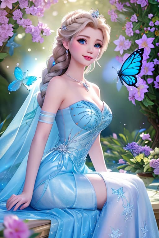  A highly detailed and realistic photo in the style of Disney, featuring a character resembling young Elsa. The image shows young Elsa wearing a sparkling blue dress, surrounded by glowing butterflies. She is sitting on a petal strewn ledge in a magical, dreamy environment. The scene is illuminated with soft, mystical light, creating an enchanting and whimsical atmosphere. Elsa's expression is filled with wonder and joy as she interacts with the butterflies. The background is softly blurred to keep the focus on Elsa and the butterflies. hyperrealistic, full body, detailed clothing, highly detailed, cinematic lighting, stunningly beautiful, intricate, sharp focus, f/1. 8, 85mm, (centered image composition), (professionally color graded), ((bright soft diffused light)), volumetric fog, trending on instagram, trending on tumblr, HDR 4K, 8K