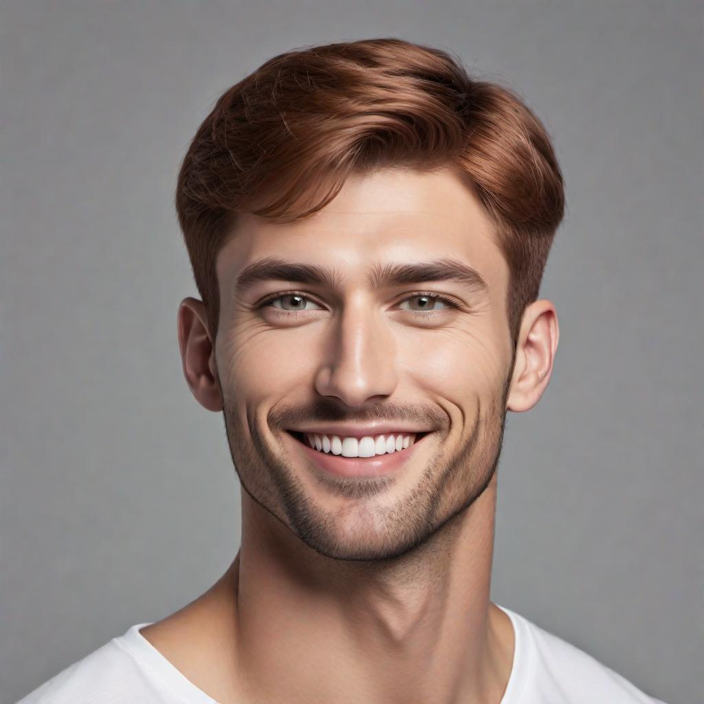  A tall, athletic man standing at 6 feet 3 inches with reddish-brown hair styled in a very short Caesar haircut. He has well-spaced green-grey eyes that are more round and exude a very kind expression. His ears are more round and stand out slightly like Dumbo's. His fun-loving, contagious smile gives him a genuine warmth that touches the heart. His face is softer and rounder, with fuller, less defined cheeks and a childlike predisposition to genuine smiles. He has a well-proportioned nose to his smile, and his pearly white, straight teeth add to his seriously handsome appearance. hyperrealistic, full body, detailed clothing, highly detailed, cinematic lighting, stunningly beautiful, intricate, sharp focus, f/1. 8, 85mm, (centered image composition), (professionally color graded), ((bright soft diffused light)), volumetric fog, trending on instagram, trending on tumblr, HDR 4K, 8K