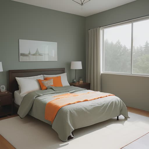  Modern bedroom with bed, side tables and wall art in neutral tones with accents of dark green and orange. The room has large windows that illuminate the space with natural light. There is carpet on the floor and wooden paneling on one walls. In front there's an elegant grey fabric headboard and soft bedding. On each bedside table stand modern lamps casting warm glow over the scene. A minimalist painting hangs above it.