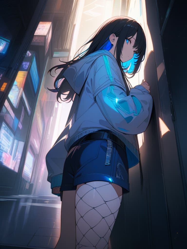  Fashionable,black hair,long black hair,long hair,blue eyes,blue inner color,cyberpunk,street fashion,crayed white hoodie,big s,black inner,,fishnet tights,blue shorts,projecting from the knee,night city,Aori composition,beautiful,beautiful ,silver decoration,black belt,,expressionless,fashionable,ultra detailed,best shadow,cute and beautiful face,(masterpiece:1.2),(best quality:1.2),detailed background,high contrast,(best illumination,an extremely delicate and beautiful),((cinematic light)),hyper detail,dramatic light,intricate details,8k,anime,very aesthetic, masterpiece, best quality,8k,ultra detailed,high resolution,an extremely delicate and beautiful,hyper detail