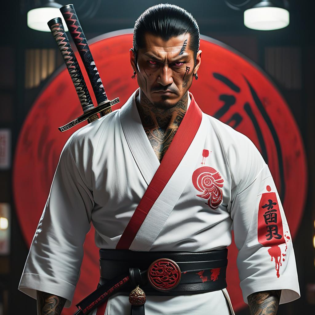  Yakuza, with red eyes, standing tall, in white kimono, merciless, brutal, bloodied, with tattoos, two katanas hanging from the waistbands of their belts, a red and white circle with hieroglyphs in the background. hyperrealistic, full body, detailed clothing, highly detailed, cinematic lighting, stunningly beautiful, intricate, sharp focus, f/1. 8, 85mm, (centered image composition), (professionally color graded), ((bright soft diffused light)), volumetric fog, trending on instagram, trending on tumblr, HDR 4K, 8K