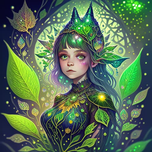 in OliDisco style macro. illustration, incredibly cute witch, sequins, glitter, gut, high resolution, fractal leaves, drawing details, fantasy, hyperdetalization, glass dew , fantasy, colorful, dark botanical