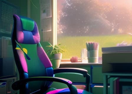  Closeup portrait of a person is sitting in an office chair in front of a desk . , happy background, grass skin, flowers, earth elemental, hair made of flora, nature character, pixar, disney, symmetrical, stylised, soft lighting, wlop, rossdraws, concept art, digital painting