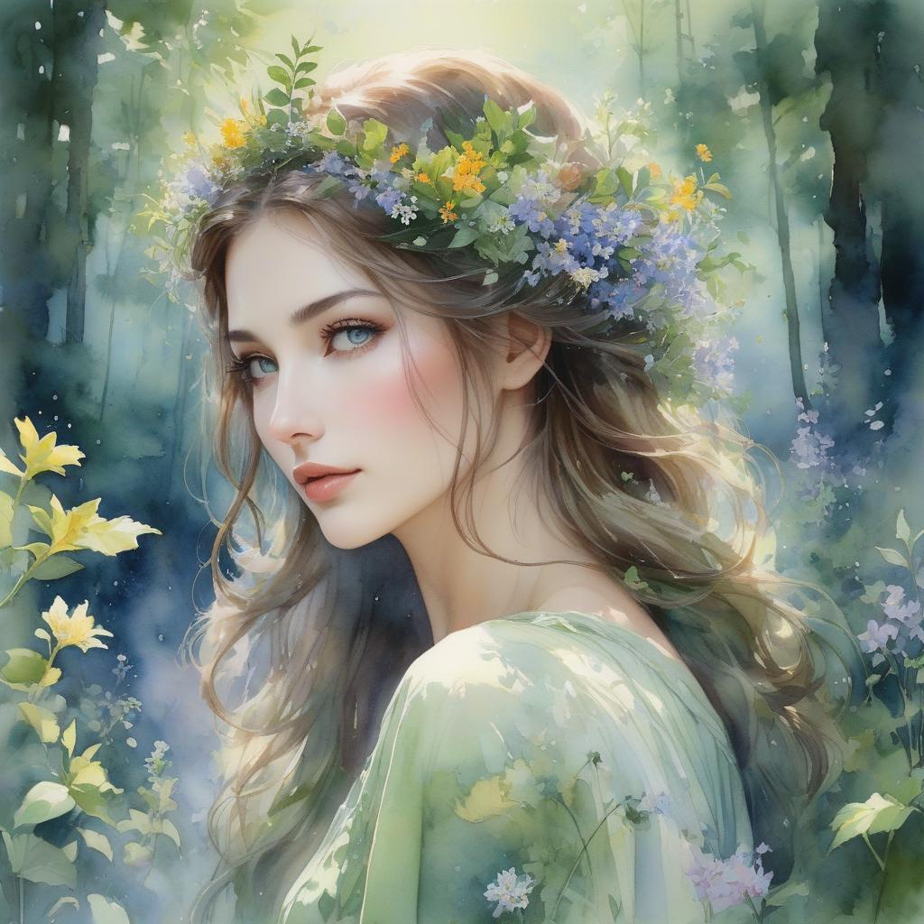  cinematic photo n the style of Nathalie Picoulet, an awe inspiring watercolor painting transports viewers to a magical forest. At the center of this enchanting scene stands a breathtakingly beautiful woman, her ethereal presence suffused with the essence of nature. Delicate brushstrokes depict her flowing hair intertwined with vibrant wildflowers, each petal meticulously detailed. Her emerald eyes emanate a captivating radiance, perfectly mirroring the lush greenery surrounding her. This meticulously crafted image evokes a sense of wonder, inviting spectators to explore the mystical world captured within this stunning watercolor masterpiece. . 35mm photograph, film, bokeh, professional, 4k, highly detailed hyperrealistic, full body, detailed clothing, highly detailed, cinematic lighting, stunningly beautiful, intricate, sharp focus, f/1. 8, 85mm, (centered image composition), (professionally color graded), ((bright soft diffused light)), volumetric fog, trending on instagram, trending on tumblr, HDR 4K, 8K