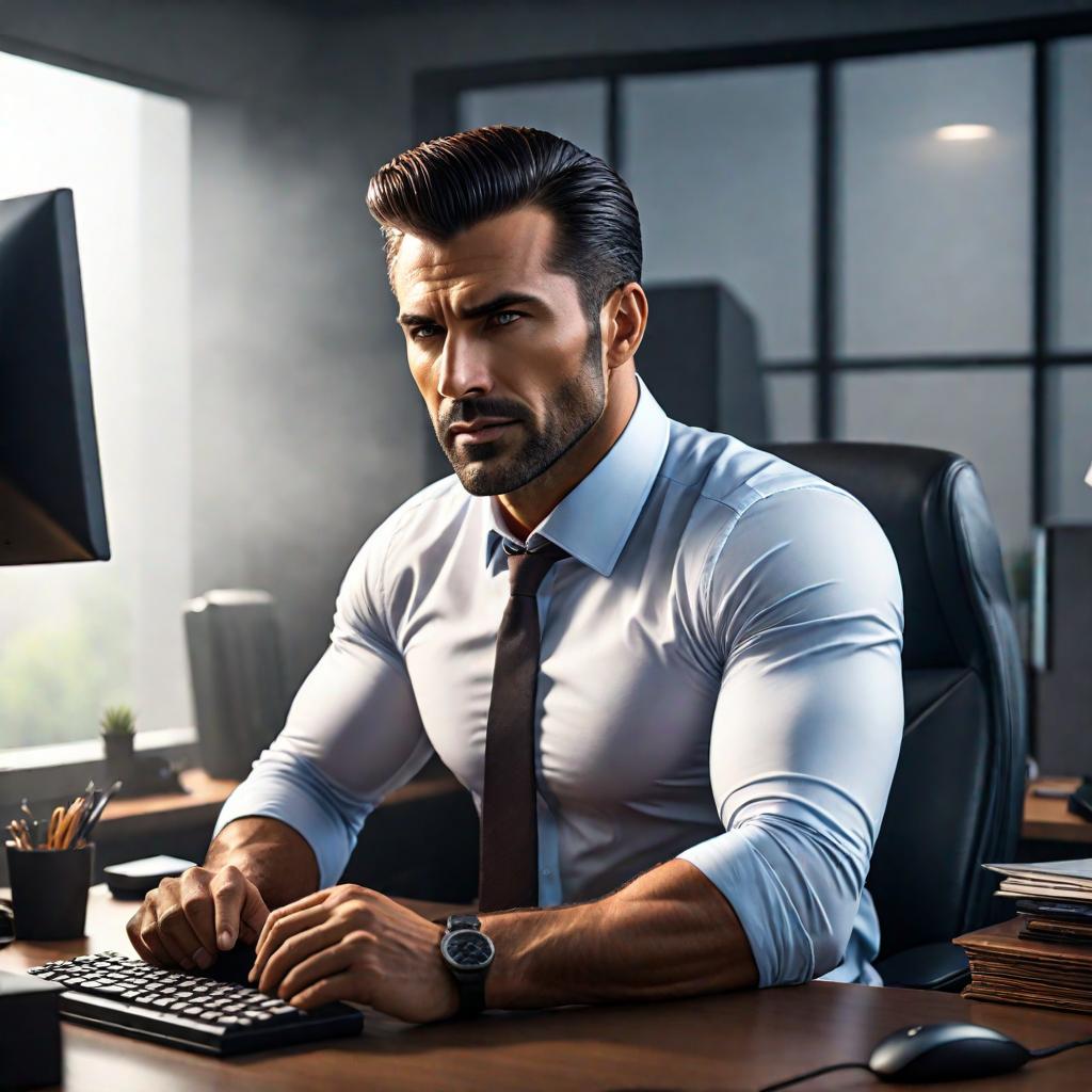  A male employee is slacking off at his desk. hyperrealistic, full body, detailed clothing, highly detailed, cinematic lighting, stunningly beautiful, intricate, sharp focus, f/1. 8, 85mm, (centered image composition), (professionally color graded), ((bright soft diffused light)), volumetric fog, trending on instagram, trending on tumblr, HDR 4K, 8K