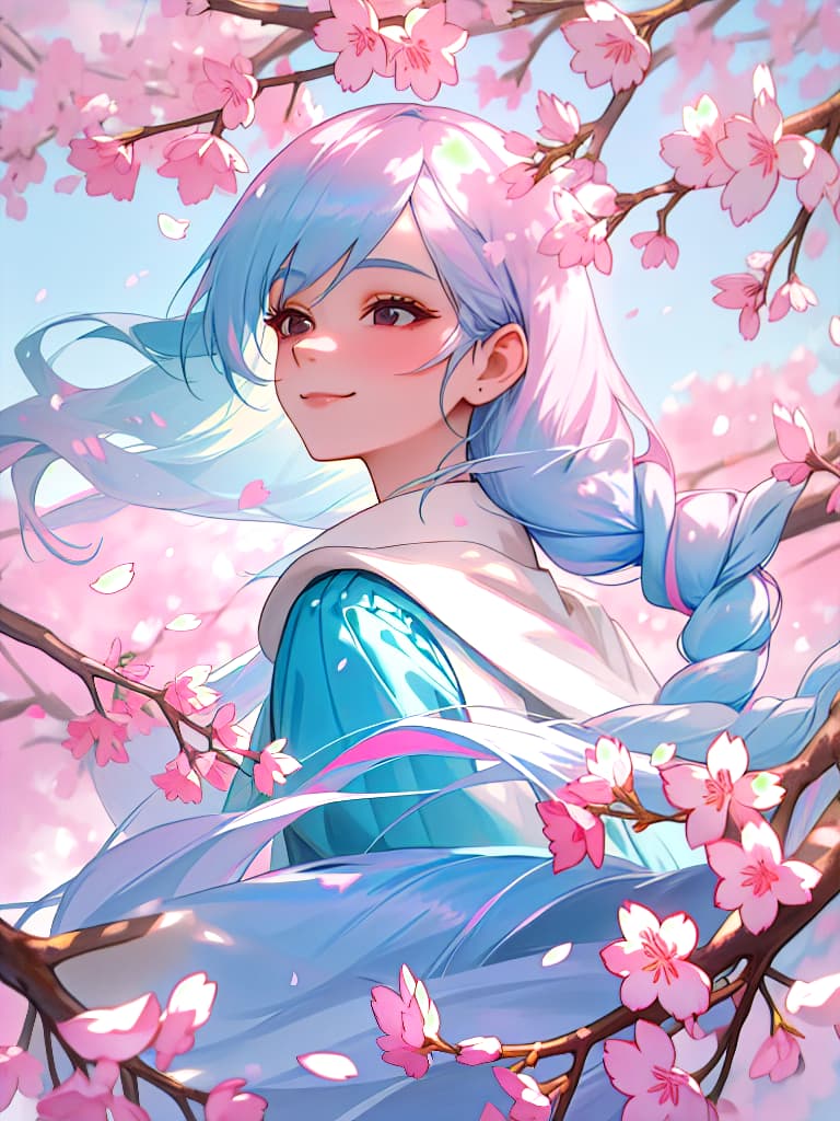  1 mature lady,pale blue hair,black eyes,single braid right side,sunlight,pink dress,goddess,soft look,smile,cherry blossoms, masterpiece, best quality,8k,ultra detailed,high resolution,an extremely delicate and beautiful,hyper detail