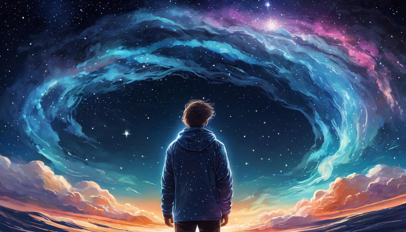  digital illustration Person feeling celestial energies, cosmic waves flowing through them, standing beneath a starry sky, eyes closed, serene expression, luminous pathways, intensity of connection looking at viewer, dynamic pose, (intricate details, masterpiece, best quality)