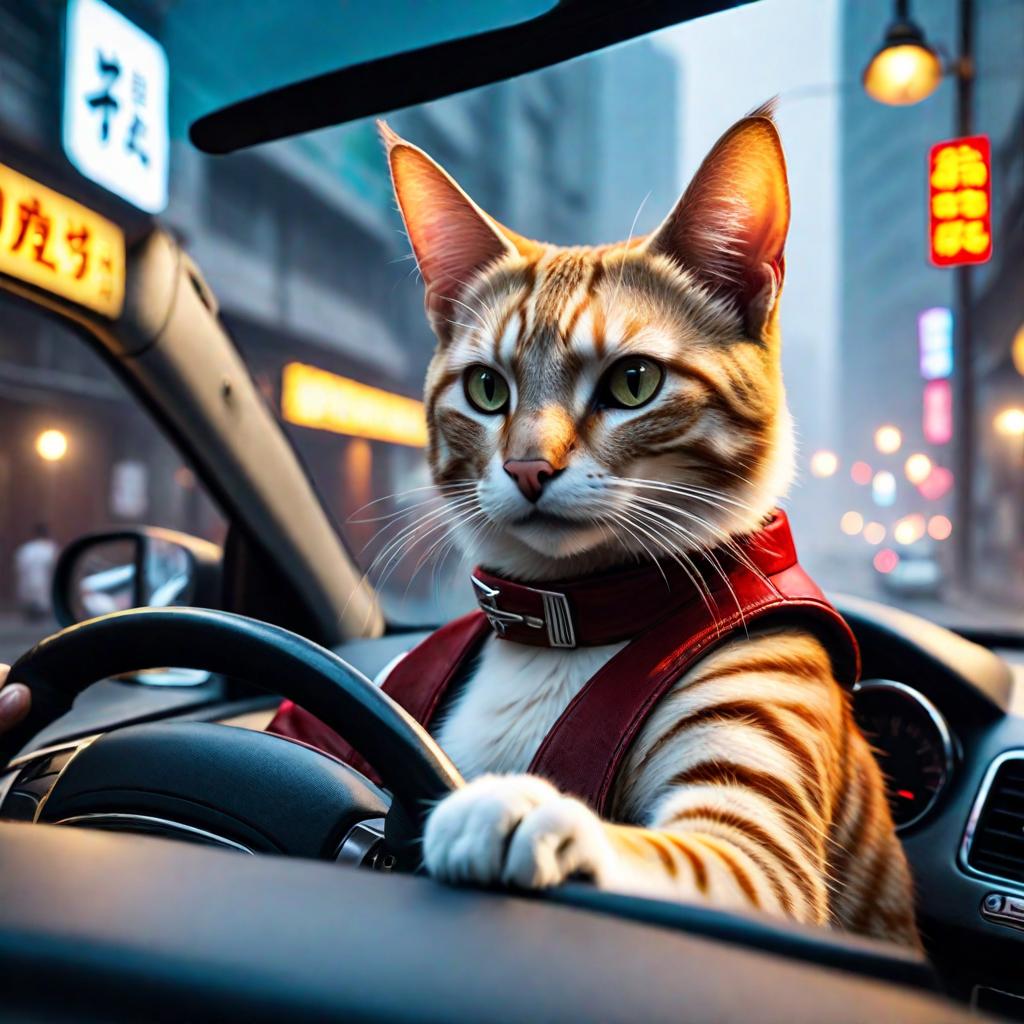  A cat is driving a car in Wuhan. hyperrealistic, full body, detailed clothing, highly detailed, cinematic lighting, stunningly beautiful, intricate, sharp focus, f/1. 8, 85mm, (centered image composition), (professionally color graded), ((bright soft diffused light)), volumetric fog, trending on instagram, trending on tumblr, HDR 4K, 8K