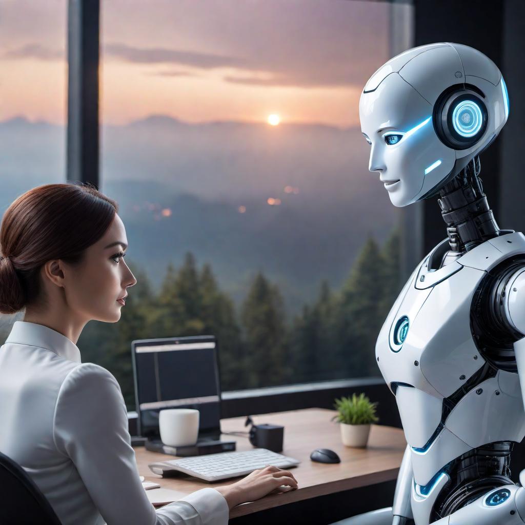  A friendly AI assistant talking to a user. The AI assistant looks like a friendly robot or floating hologram with a warm expression. The user is a person sitting in front of a computer screen, typing or speaking. There should be a dialogue bubble showing the AI assistant asking for the user's detailed description to create an image. hyperrealistic, full body, detailed clothing, highly detailed, cinematic lighting, stunningly beautiful, intricate, sharp focus, f/1. 8, 85mm, (centered image composition), (professionally color graded), ((bright soft diffused light)), volumetric fog, trending on instagram, trending on tumblr, HDR 4K, 8K