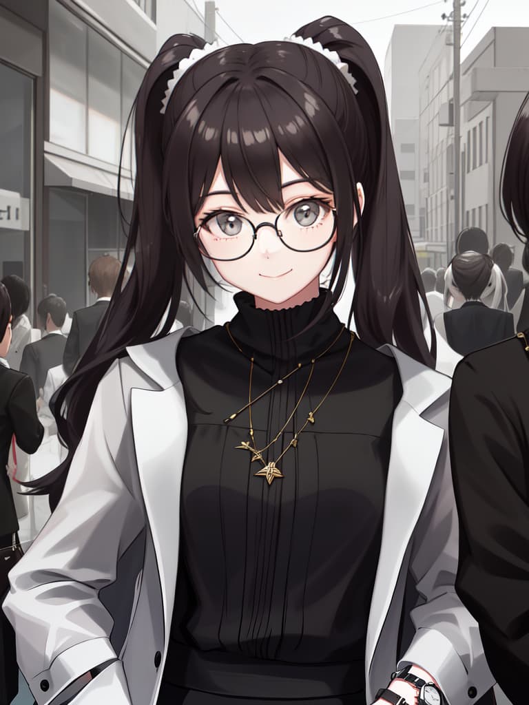  Stylish glasses girls, modern coordinates, ponytails, margin smiles, towns, handbacks, watches, masterpiece, best quality,8k,ultra detailed,high resolution,an extremely delicate and beautiful,hyper detail