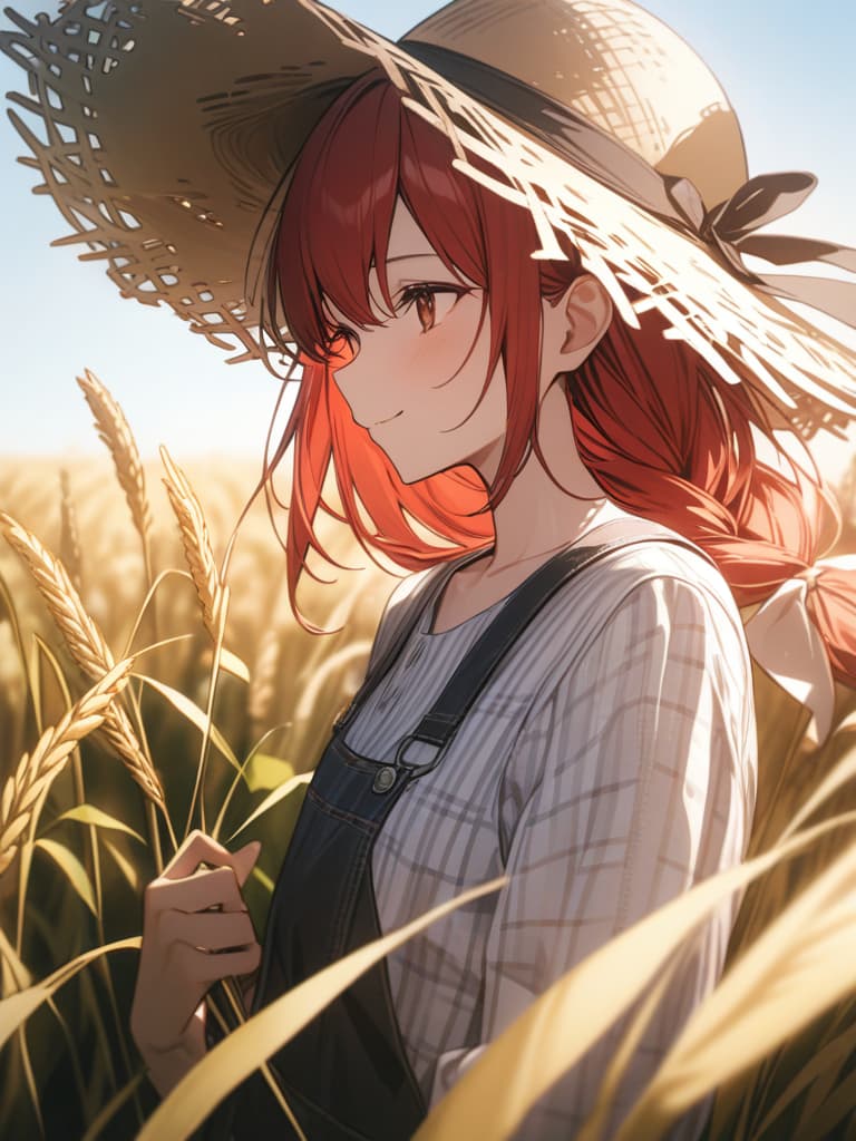  Red hair, woman, braided, overall, plaid shirt, straw hat, wheat field, smile, masterpiece, best quality,8k,ultra detailed,high resolution,an extremely delicate and beautiful,hyper detail