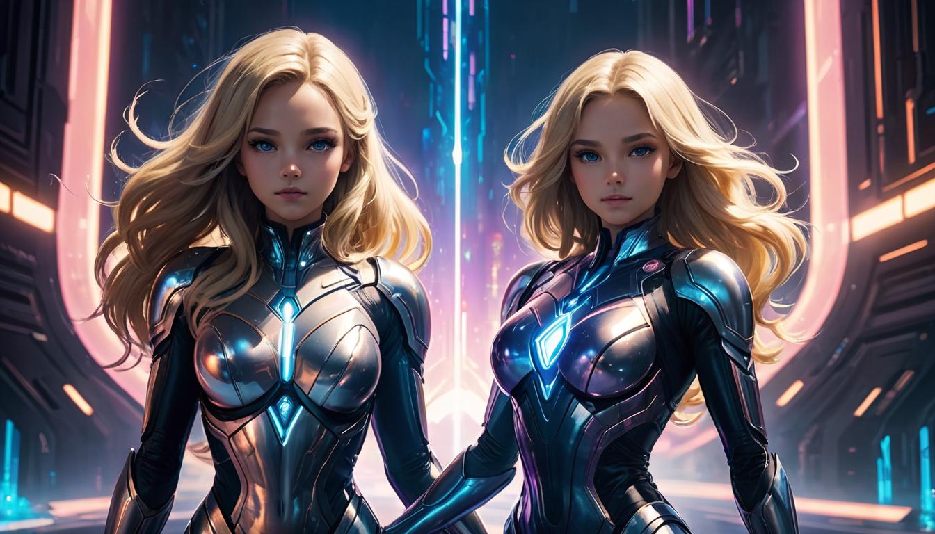  2girls, large busted attractive blonde arian female humanoids, holding hands, vibrant light aura, sparkling energy flowing between them, cosmic backdrop, harmony and unity, high tech clothing clad in sleek, futuristic costume with metallic accents and form fitting designs, marvel superhero comics style, unreal engine rendering