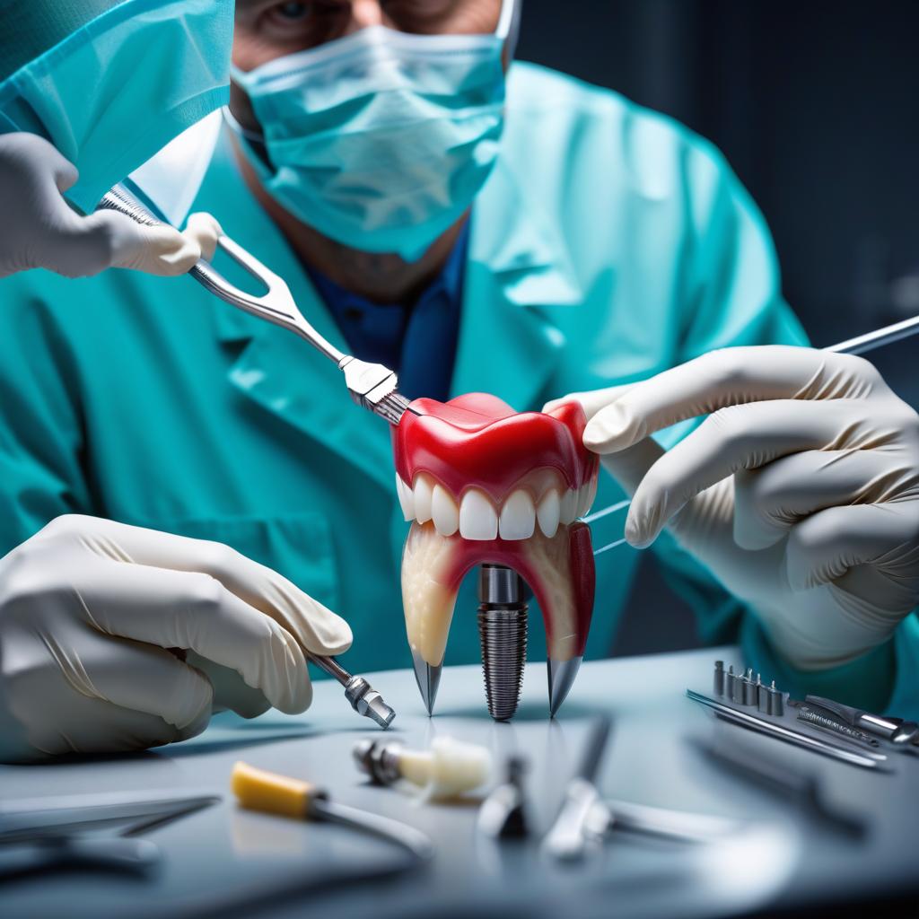  A dentist with construction tools is repairing a tooth. hyperrealistic, full body, detailed clothing, highly detailed, cinematic lighting, stunningly beautiful, intricate, sharp focus, f/1. 8, 85mm, (centered image composition), (professionally color graded), ((bright soft diffused light)), volumetric fog, trending on instagram, trending on tumblr, HDR 4K, 8K