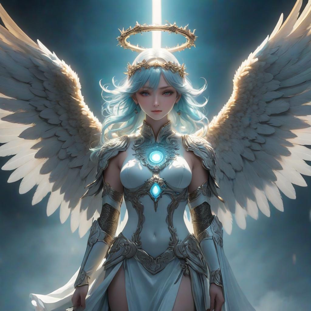  a close up of an angel with a halo, by Liam Wong, featured on pixiv, conceptual art, dark ambient album cover, cyan, holy spirit, joe gb fenton hyperrealistic, full body, detailed clothing, highly detailed, cinematic lighting, stunningly beautiful, intricate, sharp focus, f/1. 8, 85mm, (centered image composition), (professionally color graded), ((bright soft diffused light)), volumetric fog, trending on instagram, trending on tumblr, HDR 4K, 8K