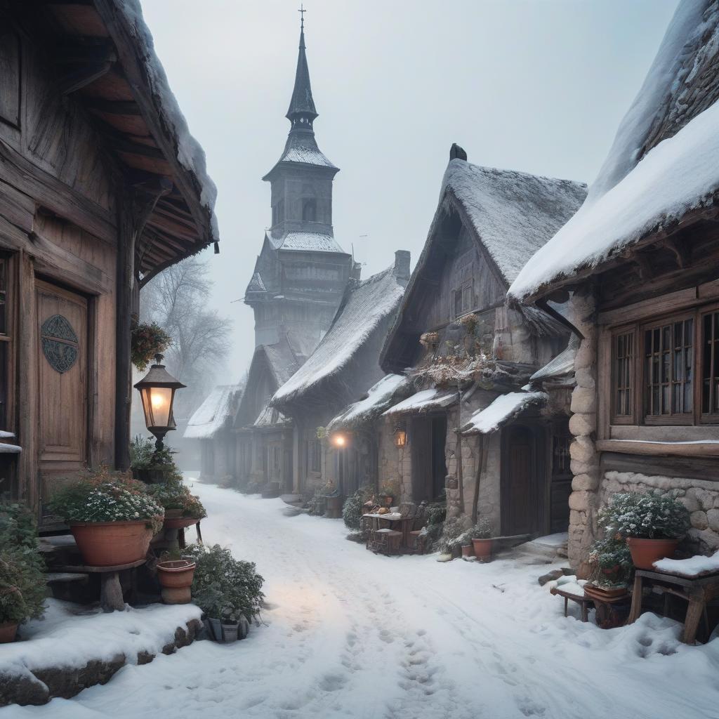  No humans. Small village in Romania in snow. In the style of Jean Baptiste Monge, Gothic old shaky buildings. Garlic. Detailed. Lots of embellishments and small details, Detailed look. soft colors, HDR, 4K hyperrealistic, full body, detailed clothing, highly detailed, cinematic lighting, stunningly beautiful, intricate, sharp focus, f/1. 8, 85mm, (centered image composition), (professionally color graded), ((bright soft diffused light)), volumetric fog, trending on instagram, trending on tumblr, HDR 4K, 8K