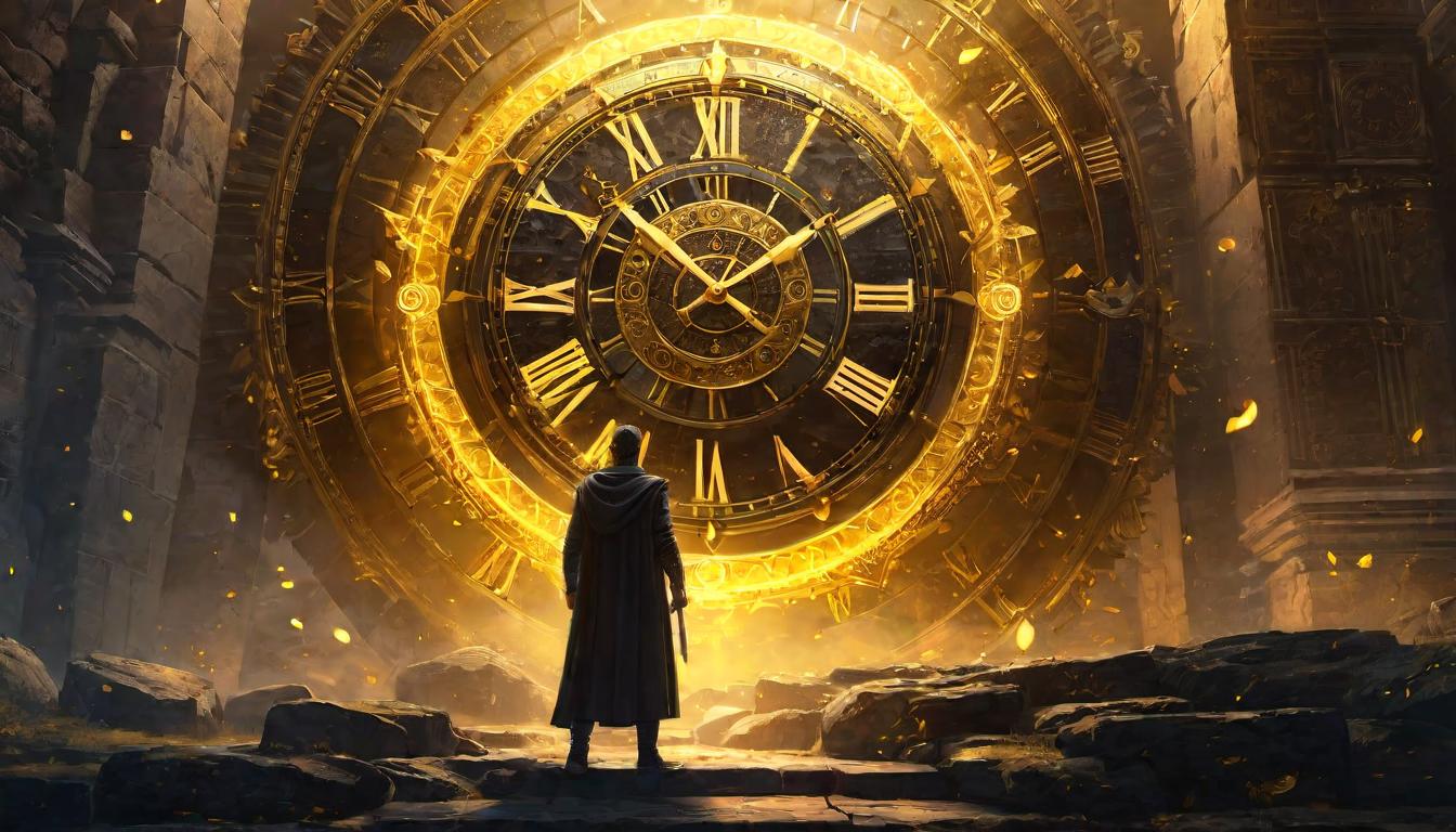  digital illustration, A large, ancient clock with glowing symbols, figure standing resolute before it, clock hands aligning to now, golden light, timeless, empowering, looking at viewer, dynamic pose, (intricate details, masterpiece, best quality)