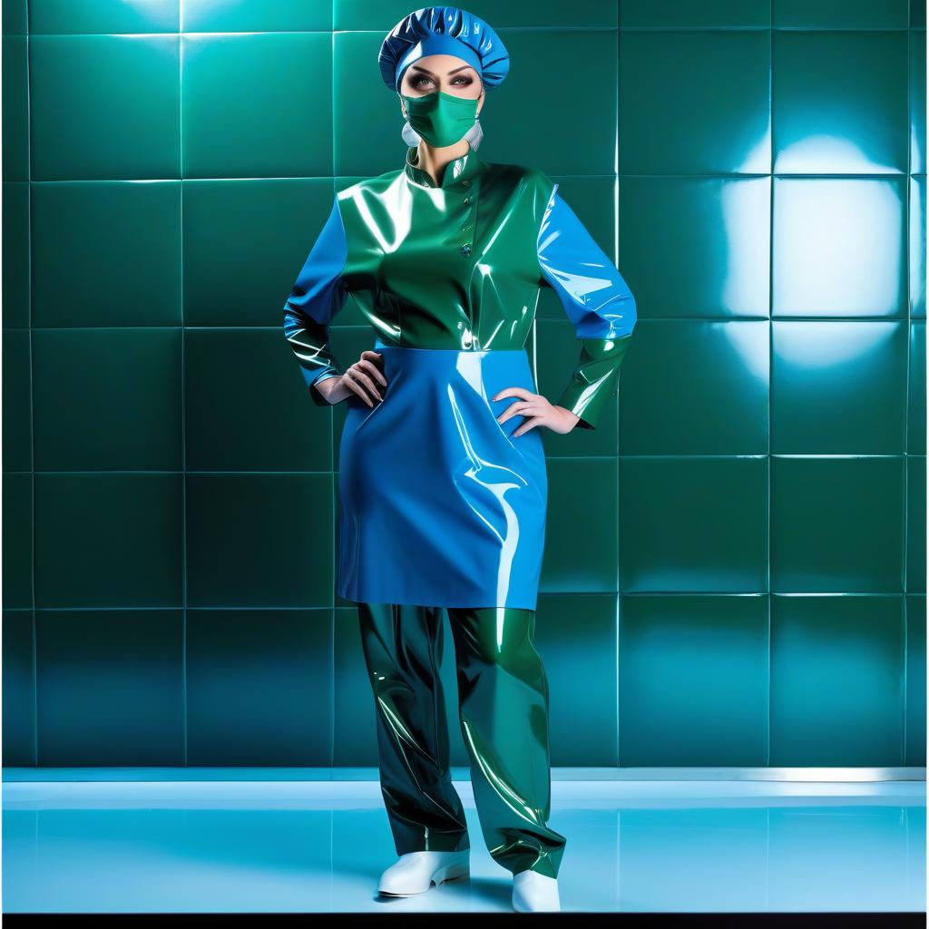  woman surgeon, wearing a shower beret made of two colors glossy latex, the upper part of the beret with a round dome extended upward with pleats, (glossy latex dark blue:0.5), and the lower part of the beret smocked with pleats with an elastic band, glossy lated dark green hyperrealistic, full body, detailed clothing, highly detailed, cinematic lighting, stunningly beautiful, intricate, sharp focus, f/1. 8, 85mm, (centered image composition), (professionally color graded), ((bright soft diffused light)), volumetric fog, trending on instagram, trending on tumblr, HDR 4K, 8K