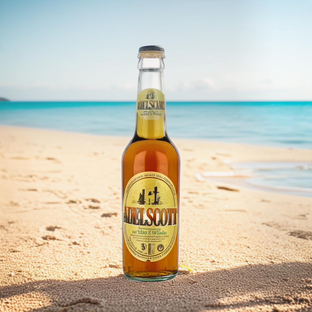  Beach scene with a clear blue sky, golden sand, and turquoise water. A chilled beer bottle with condensation, placed on the sand near the shoreline. The bottle is surrounded by seashells and palm trees in the background. The image has a warm and inviting atmosphere, with soft lighting and a shallow depth of field. style RAW, (4k, best quality, masterpiece:1.2), ultrahigh res, highly detailed, sharp focus, (perfect image composition)