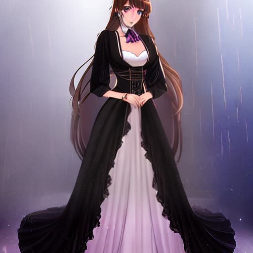  Cat girl, brown hair, purple eyes 200s anime style and Black Long dress hyperrealistic, full body, detailed clothing, highly detailed, cinematic lighting, stunningly beautiful, intricate, sharp focus, f/1. 8, 85mm, (centered image composition), (professionally color graded), ((bright soft diffused light)), volumetric fog, trending on instagram, trending on tumblr, HDR 4K, 8K