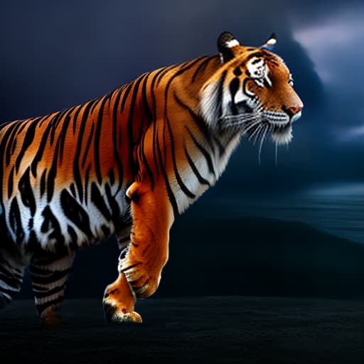 mdjrny-v4 style tiger on beach hyperrealistic, full body, detailed clothing, highly detailed, cinematic lighting, stunningly beautiful, intricate, sharp focus, f/1. 8, 85mm, (centered image composition), (professionally color graded), ((bright soft diffused light)), volumetric fog, trending on instagram, trending on tumblr, HDR 4K, 8K