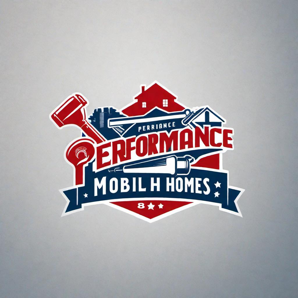  Vintage style logo for a residential handyman business named 'Performance Mobile Homes and More LLC'. The logo should primarily use the colors red, white, and blue. It should include vintage handyman elements and be eye-catching. Icons or symbols could include tools such as wrenches, hammers, or screwdrivers, along with elements related to mobile homes like porches, vinyl siding, or plumbing. The font should match the vintage aesthetic. hyperrealistic, full body, detailed clothing, highly detailed, cinematic lighting, stunningly beautiful, intricate, sharp focus, f/1. 8, 85mm, (centered image composition), (professionally color graded), ((bright soft diffused light)), volumetric fog, trending on instagram, trending on tumblr, HDR 4K, 8K