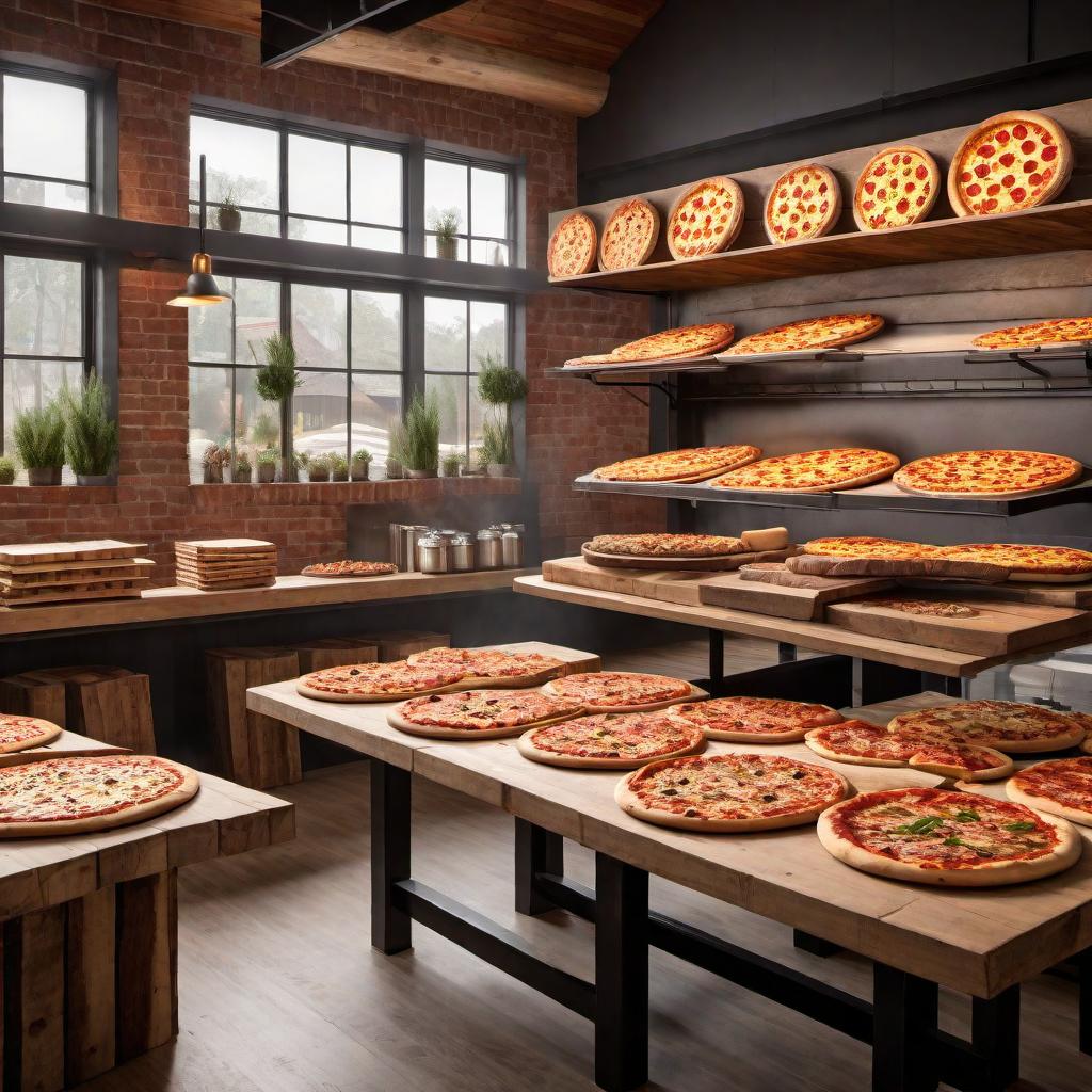  A lumber yard merged with a take-out pizza place. Picture a traditional lumber yard with stacks of wood, logs, and planks lying around, but also featuring elements of a take-out pizza place like a counter with pizzas, a pizza oven, and a menu board showing different pizza options. People should be visible working with wood and others enjoying pizza or ordering. Bright daylight with a warm and welcoming atmosphere. hyperrealistic, full body, detailed clothing, highly detailed, cinematic lighting, stunningly beautiful, intricate, sharp focus, f/1. 8, 85mm, (centered image composition), (professionally color graded), ((bright soft diffused light)), volumetric fog, trending on instagram, trending on tumblr, HDR 4K, 8K