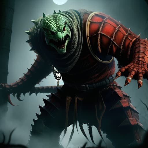  full body, fusion Freddy Krueger and a Reptile, malicious smile, bloody, gore, horror theme, nightmare, masterpiece, scale like skin, full body, lizard forked tongue, weapon shown, , (masterpiece, best quality:1.5), HDR 4K, 8K