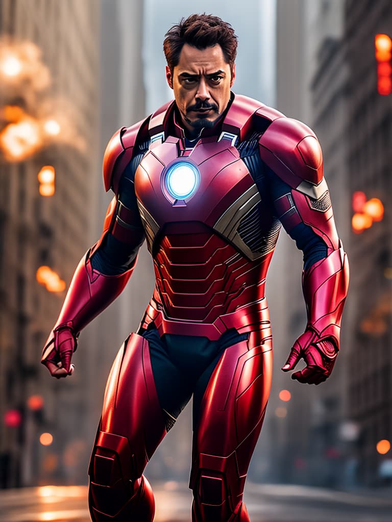  ironman tony stark in cinematic poster hyperrealistic, full body, detailed clothing, highly detailed, cinematic lighting, stunningly beautiful, intricate, sharp focus, f/1. 8, 85mm, (centered image composition), (professionally color graded), ((bright soft diffused light)), volumetric fog, trending on instagram, trending on tumblr, HDR 4K, 8K