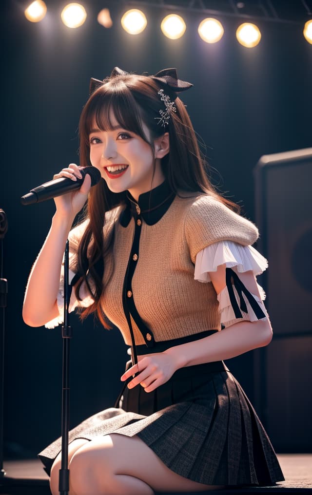  (RAW Shooting: 1.2), 32K quality, Masterpiece, Raw photo, Dramatic lighting, Concert stage, Gothic Lolita fashion, (Photorealistic: 1.4), (Masterpiece: 1.3), (Top quality: 1.4), Beautiful, cute Japanese woman, (Kanna Hashimoto) (((big smile))) ((mini skirt)) (((Singing happily))) hyperrealistic, full body, detailed clothing, highly detailed, cinematic lighting, stunningly beautiful, intricate, sharp focus, f/1. 8, 85mm, (centered image composition), (professionally color graded), ((bright soft diffused light)), volumetric fog, trending on instagram, trending on tumblr, HDR 4K, 8K