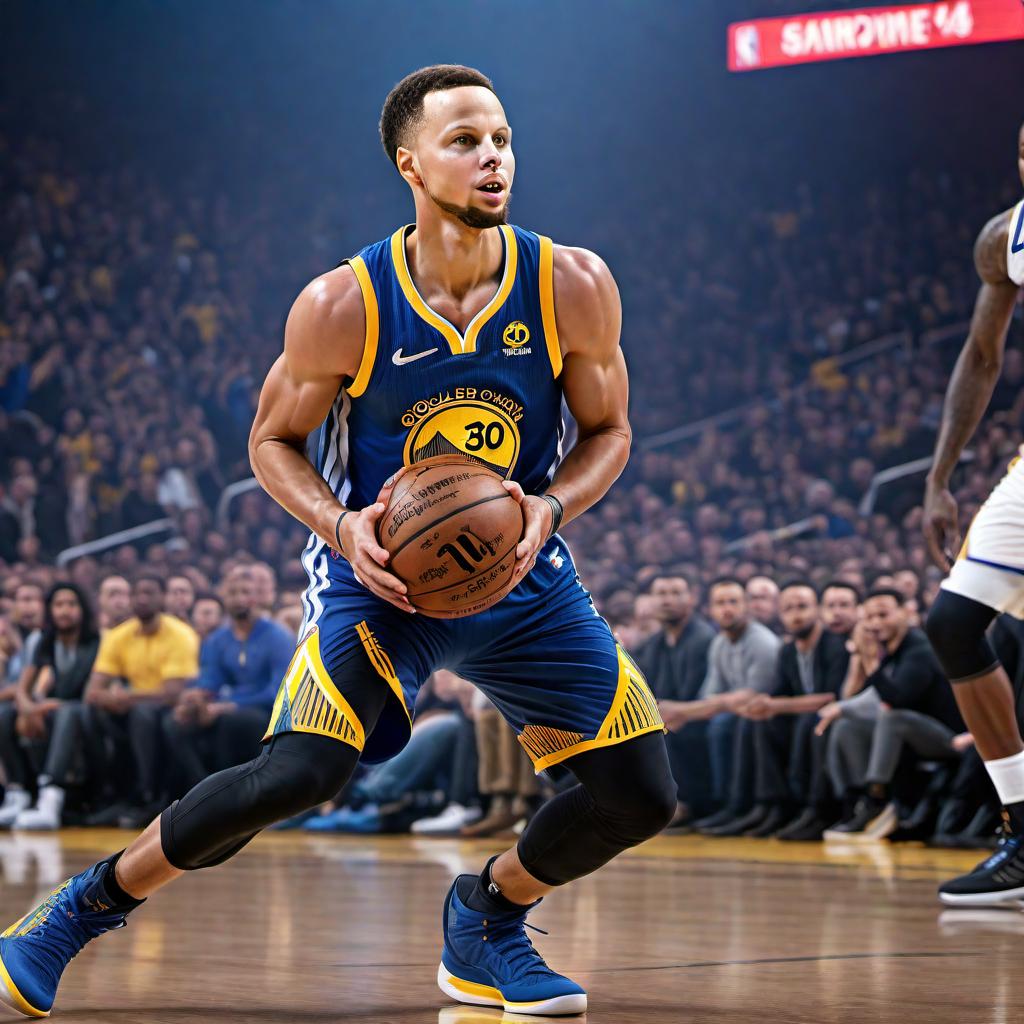  4K art wallpaper of Stephen Curry in a dynamic basketball pose, showcasing his shooting form. The background should include elements that represent his journey and success in the NBA, such as championship trophies, the Golden State Warriors logo, and a cheering crowd. The color scheme should include the Warriors' team colors: blue and gold. The style should be a blend of realism and artistic illustration, capturing his determination and energy. hyperrealistic, full body, detailed clothing, highly detailed, cinematic lighting, stunningly beautiful, intricate, sharp focus, f/1. 8, 85mm, (centered image composition), (professionally color graded), ((bright soft diffused light)), volumetric fog, trending on instagram, trending on tumblr, HDR 4K, 8K