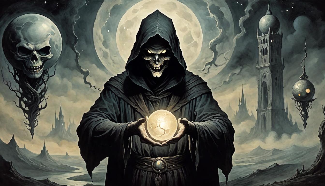  on parchment, surrealism+++, Dark, menacing figure with a twisted smile, crushing a delicate, glowing orb in their hand, backdrop of a vast, shadowy realm with faint, ethereal glimmers of light, atmosphere of oppression, destruction(mysterious, provocative, symbolic,muted color)+++