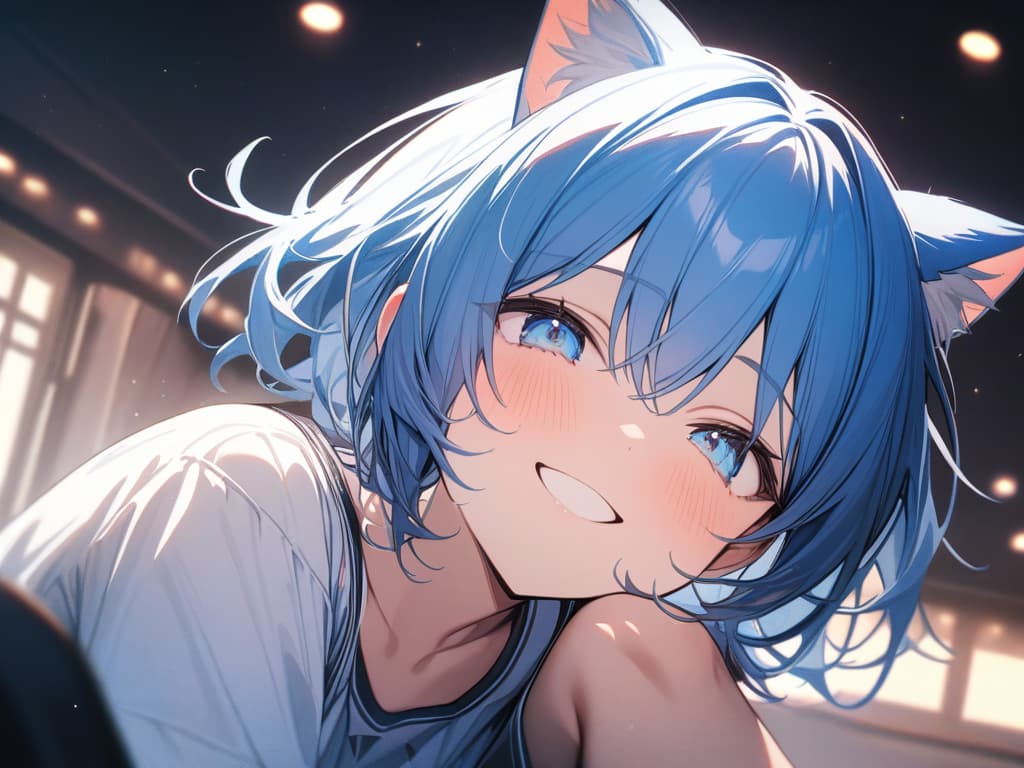  Short hair, light blue mesh, , cat ears, , big s, jit eyes, light blue eyes, smiles, blue hair, jersey, masterpiece, best quality,8k,ultra detailed,high resolution,an extremely delicate and beautiful,hyper detail