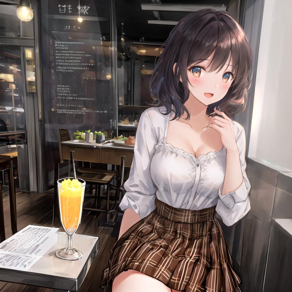  beautiful illustration, best quality, cute girl, a girl, restaurant, sitting, parfait, drinking, happy, open mouth, casual clothes, white shirt, medium hair, blown hair hyperrealistic, full body, detailed clothing, highly detailed, cinematic lighting, stunningly beautiful, intricate, sharp focus, f/1. 8, 85mm, (centered image composition), (professionally color graded), ((bright soft diffused light)), volumetric fog, trending on instagram, trending on tumblr, HDR 4K, 8K