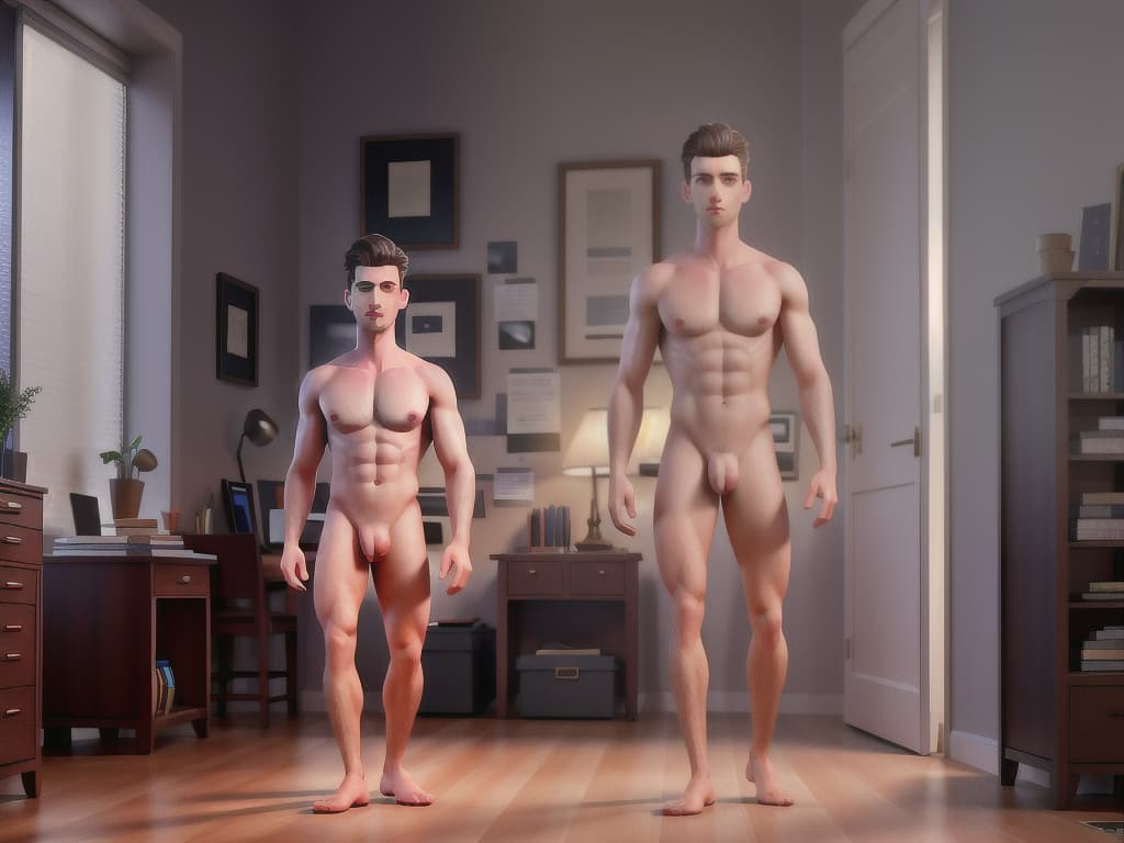  Naked man in a office hyperrealistic, full body, detailed clothing, highly detailed, cinematic lighting, stunningly beautiful, intricate, sharp focus, f/1. 8, 85mm, (centered image composition), (professionally color graded), ((bright soft diffused light)), volumetric fog, trending on instagram, trending on tumblr, HDR 4K, 8K