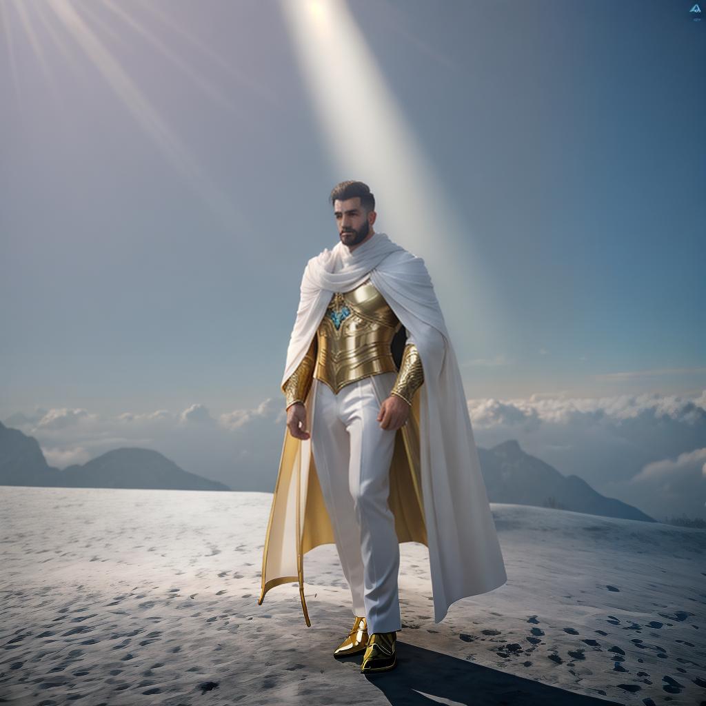  A picture of a man without showing his head. Just his body in the middle without his feet. Put his hand on his chest. He wears a white cloaked in Arabic in gold hyperrealistic, full body, detailed clothing, highly detailed, cinematic lighting, stunningly beautiful, intricate, sharp focus, f/1. 8, 85mm, (centered image composition), (professionally color graded), ((bright soft diffused light)), volumetric fog, trending on instagram, trending on tumblr, HDR 4K, 8K