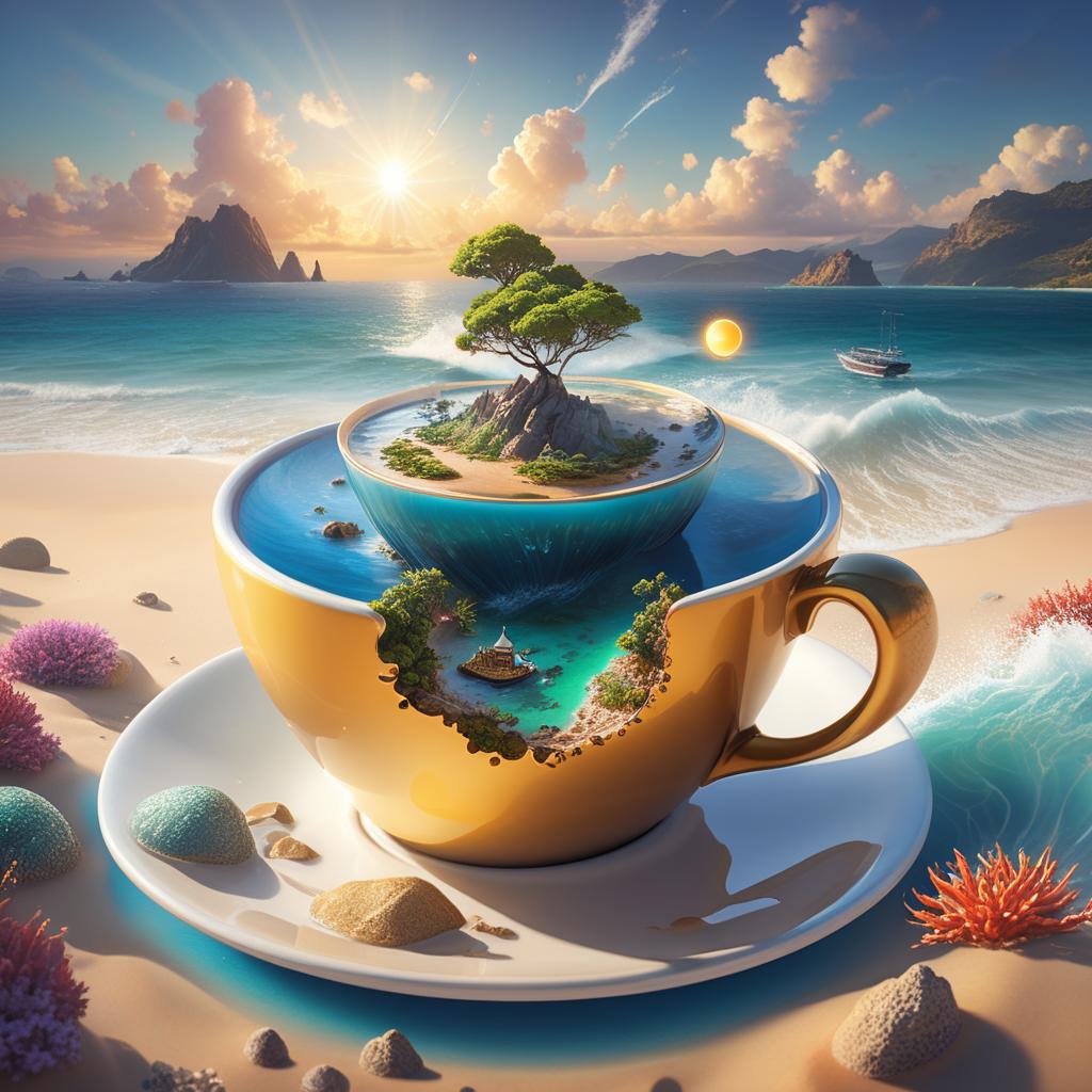  professional 3d model (digital painting, surrealism:1.2), magical world inside a coffee cup, sea and islands floating on the surface, small sun shining above the cup, dreamlike atmosphere, fantastical colors blending seamlessly, swirling lights dancing across the miniature landscape, surreal and enchanting mood, intricate details in every whimsical element, a sense of wonder and magic encapsulated in a single cup . octane render, highly detailed, volumetric, dramatic lighting hyperrealistic, full body, detailed clothing, highly detailed, cinematic lighting, stunningly beautiful, intricate, sharp focus, f/1. 8, 85mm, (centered image composition), (professionally color graded), ((bright soft diffused light)), volumetric fog, trending on instagram, trending on tumblr, HDR 4K, 8K