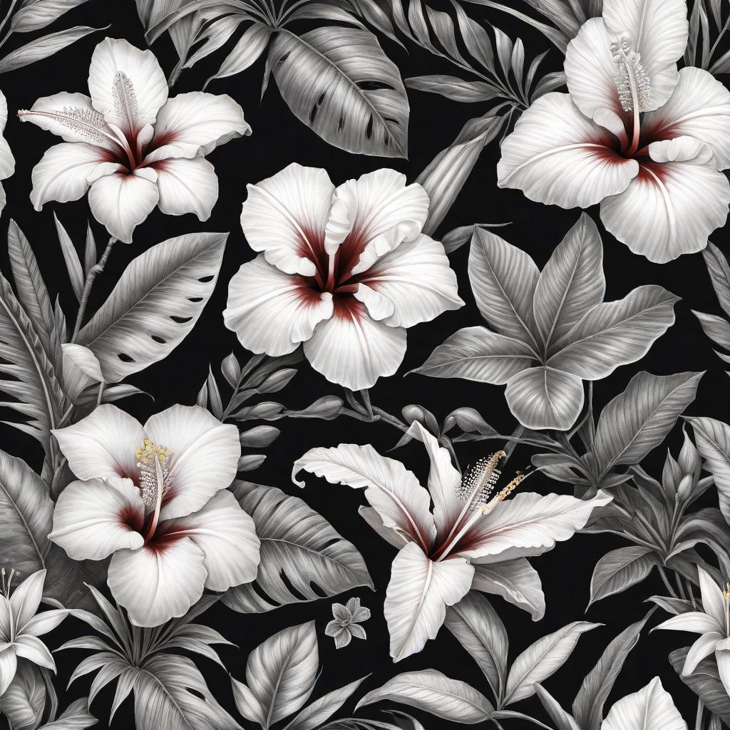  Black and white pencil drawing of different Hawaiian flowers, including hibiscus, plumeria, and birds of paradise with detailed lines and shading to showcase their unique patterns and textures. hyperrealistic, full body, detailed clothing, highly detailed, cinematic lighting, stunningly beautiful, intricate, sharp focus, f/1. 8, 85mm, (centered image composition), (professionally color graded), ((bright soft diffused light)), volumetric fog, trending on instagram, trending on tumblr, HDR 4K, 8K