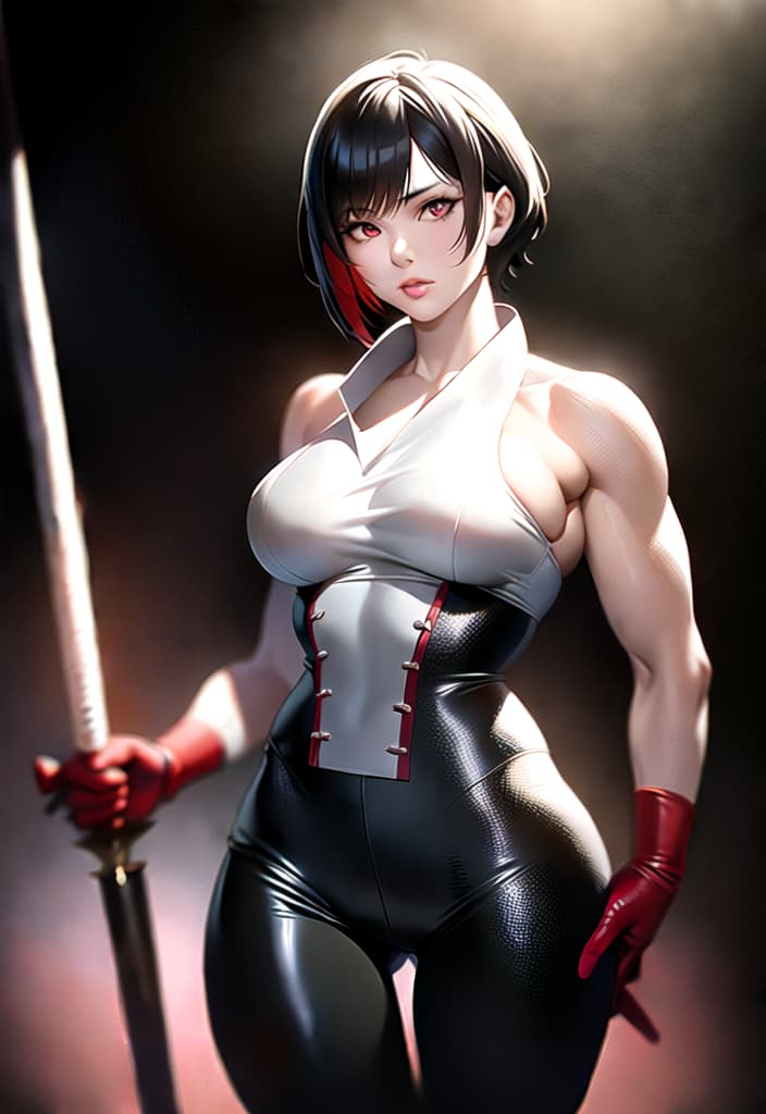  Black hair, berry short hair, beautiful woman, white dress shirt, red corset, black leather pants, muscles, always have Japanese swords, Be sure to draw from the head to the thigh, the background is outdoor, (Masterpiece, BestQuality:1.3), (ultra detailed:1.2), (hyperrealistic:1.3), (RAW photo:1.2),High detail RAW color photo, professional photograph, (Photorealistic:1.4), (realistic:1.4), ,professional lighting, (japanese), beautiful face, (realistic face)